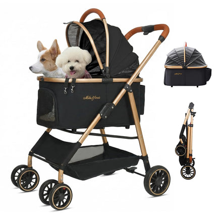 MILA&LOUIS Dog Stroller, 24" Pet Cradle, Lightweight & Stylish Pet Stroller for Small and Medium Pets, 33 Lbs Capacity with Cup Holder, Hook, Detachable Aluminum Cradle (Black)