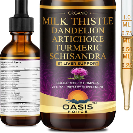 OASIS FORCE 2 Pack Milk Thistle Drops for Liver Cleanse Detox & Repair, Milk Thistle Extract Liquid Supplement with Dandelion & Artichoke for Liver Support, Vegan, Organic, Alcohol-Free, 4 FL OZ