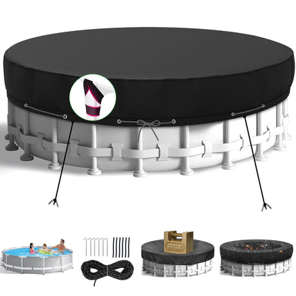 HIGHTQURO 12Ft Round Pool Cover,Heavy Duty Waterproof Round Pool Covers for Above Ground Pools with Ground Nails and Windproof Ropes,Increase Stability&Tear-Resistant, Waterproof and Dustproof, Black