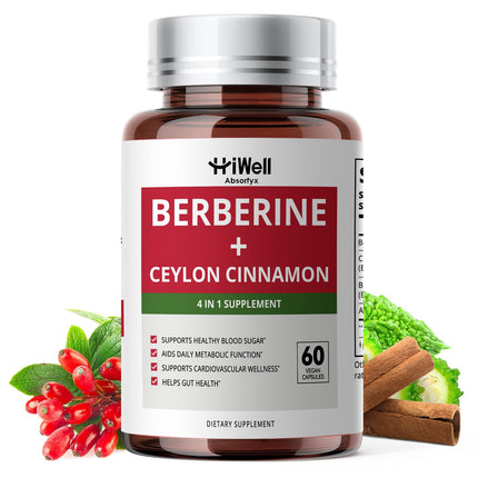 HiWell Absorfyx Berberine 300mg with Ceylon Cinnamon 2000mg, Bitter Melon & Alpha-Lipoic Acid | 4-in-1 Metabolic Support Supplement | Vegan, Non-GMO | 60 Capsules