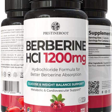 Berberine Supplement 1200mg – Organic Berberine Weight Loss, Metabolic & Heart Health Support – High Absorbency Pure Berberine HCl Formula – 60 Capsules