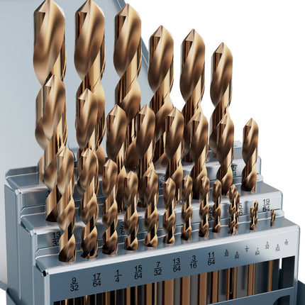MACXCOIP Cobalt Drill Bit Set, 29Pcs M35 High Speed Steel Bits for Hardened Metals, Stainless Steel, Cast Iron and Wooden Plastics, with Metal Index Storage Box, 1/16"-1/2"