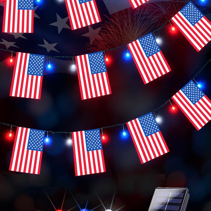 4th of July Decorations, Solar American Flag Lights Outdoor with 8 Modes, 18.8FT 25 USA Flags & 50 Red White and Blue LEDs Patriotic String Lights Waterproof for Independence Day 250th Anniversary