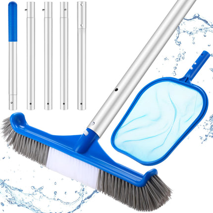 Potchen 3 Pcs Pool Cleaning Kit with Hand Skimmer Net, 47.24" Aluminum Pole and Long Pool Brush Maintenance Accessory Tool for Above Ground Inground Ponds Home Tubs Spa(17.5" Brush)