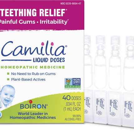 Boiron Camilia Teething Drops for Daytime and Nighttime Relief of Painful or Swollen Gums and Irritability in Babies - 40 Liquid Droppers Bundled in 8 separate packs of 5