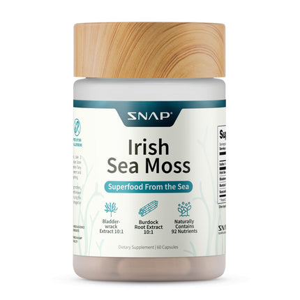 Snap Supplements Irish Sea Moss with Bladderwrack, Burdock Root & Iodine – Natural Sea Moss Supplement to Support Gut Health, Energy & Healthy-Looking Skin, 60 Vegan Capsules (1 Month Supply)