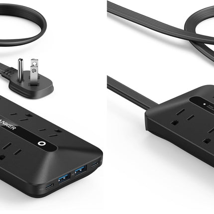 Anker 300J Flat Plug 10-in-1 Ultra Thin Power Strip with 6 AC, 2 USB-A & 2 USB-C Ports, Extension Cord, Desk Charging Station for Home, Office, College, Dorm, 5 Feet, Black (Pack of 2)