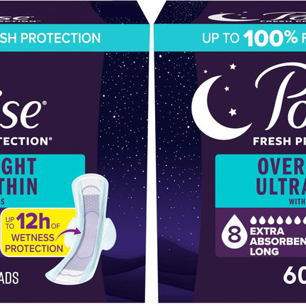Poise Overnight Ultra Thin Incontinence & Postpartum Pads with Wings for Bladder Leaks, 8 Drop Extra Absorbent, Long Length,60 Count (Pack of 2)