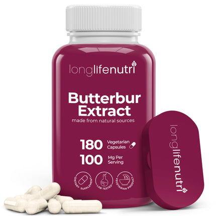 LongLifeNutri Butterbur Extract 100mg - Petasites Hybridus Root Extract, 180 Vegetarian Capsules, 6 Month Supply, Organic Supplement for Head Comfort & Neural Calm, GMP Certified, Made in USA