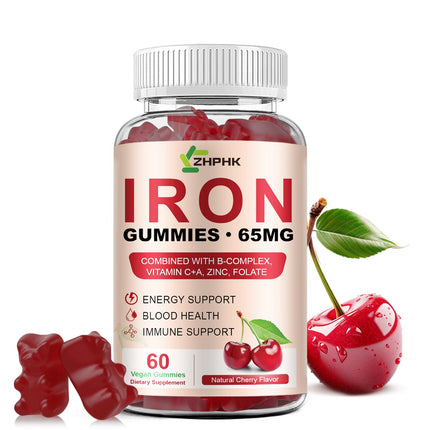 Iron Supplement for Women, Men & Kids, Iron 65mg & Vitamin C 250mg per Serving with B6 B12 Folate- Energy Support for Iron Deficiency, Anemia, Vegan Gummy Cherry Flavor, 60 Count