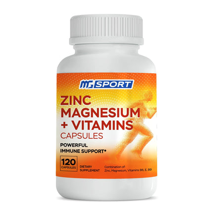 MgSport ZMA Supplement with Clinically Tested Zinc Magnesium for High Absorption - Enhanced with Vitamins B6 B9 for Muscle Recovery - Gentle on Stomach Formula, 120 Capsules