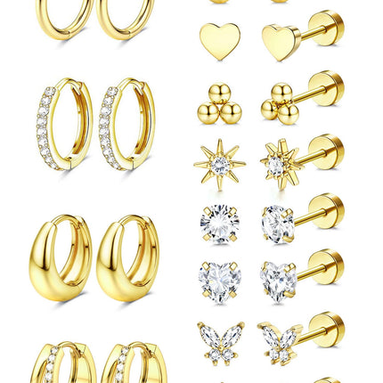 Jstyle Hypoallergenic 14k Gold Plated Stud Hoop Earrings for Women Surgical Stainless Steel Flat Back Earrings Small Stack Hoops Cartilage Earring Set for Multiple Piercing Jewelry Gifts for Women C