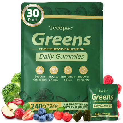 Greens Daily Gummies, Superfood Fruits and Veggies Blend with Spirulina, Chlorella, Prebiotics & Fiber, Adaptogens Multivitamin Supplement for Women & Men Digestive Health, Non-GMO, 240 Count