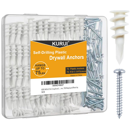 KURUI Wall Hanging Kit for Wall Art Decor Frame Curtain Rods, 135Pcs Heavy Duty Drywall Anchors Substitute Picture Hanging Nails, 70 Dry Wall Anchor and 70 8 x 1-1/4'' Screws, 75Lb Picture Hangers