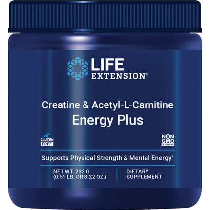 Life Extension Creatine Acetyl-L-Carnitine Energy Plus, Energy Support Supplement, creatine monohydrate, Acetyl-L-carnitine, Gluten-Free, Non-GMO, Vegetarian, 30 Servings