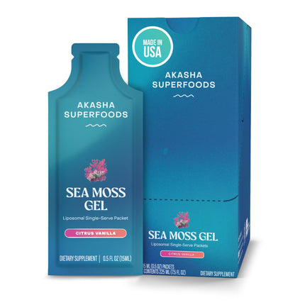 Akasha Superfoods Irish Sea Moss Gel, Liposomal Seamoss with Irish Sea Moss, Vitamin E, Citrus, Organic Vanilla, Glycerin, Skin, Energy & Gut Health Support for Women & Men, Sweet Citrus Flavor, 15 Ct