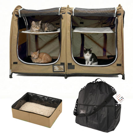 porayhut Mispace Portable Twin Compartment Show House Cat Cage/Condo - Easy to Fold & Carry Kennel - Comfy Puppy Home & Dog Travel Crate with Portable Carry Bag/Hammocks/Mats and Litter Box