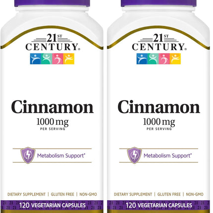 21st Century 1000 mg Cinnamon Vegetarian Capsules, Cinnamon Supplements Supports Sugar Metabolism, Gluten-Free, Non-GMO, No Added Preservatives or Artificial Flavors, 120 Count (Pack of 2)