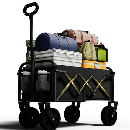 Foldable Wagon, Collapsible Wagon with Wheels, Small Wagons Cart with Flexible Handle, Portable Grocery Utility Wagons for Camping, Garden, Sports, Black