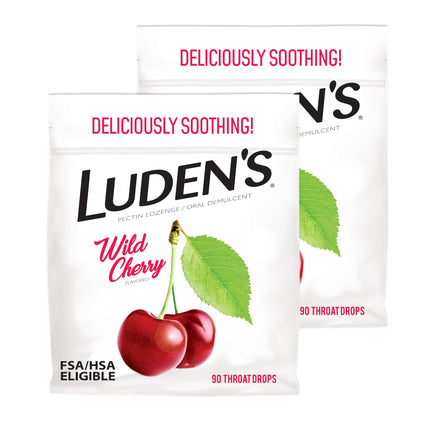 Luden's Sore Throat Relief Lozenges for Minor Everyday Irritation & Dry Mouth, Wild Cherry Flavored Drops, 90 Count, Pack of 2