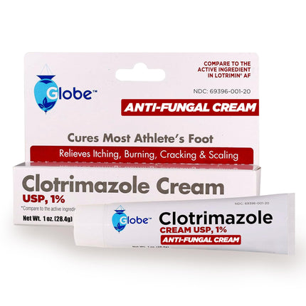 Globe Clotrimazole Antifungal Cream 1% USP (1 oz), Anti Fungal Treatment, Relieves Itching, Burning, Cracking and Scaling Associated Athletes Foot, Jock Itch, Ringworm and More