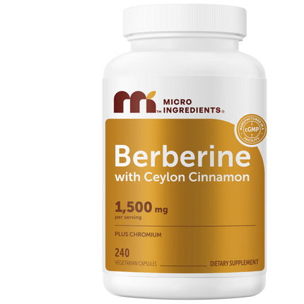 Micro Ingredients Berberine HCl with Ceylon Cinnamon 1,500 mg Per Serving, 240 Vegetarian Capsules | Berberine Supplement with Ceylon Cinnamon & Chromium | Non-GMO
