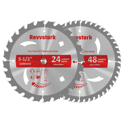 Revvstark 5-1/2" (10mm Arbor) Circular Saw Blades 24T&48T, Carbide Tipped Teeth, Heavy Duty TCT Saw Blades for Cutting Various Wood, Plastic and Composite Materials
