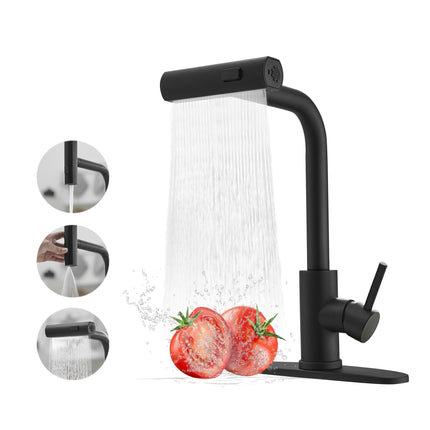 Kitchen Faucet with Pull Down Sprayer, Matte Black Waterfall Kitchen Sink Faucet, Commercial Single Handle Stainless Steel Faucet with 3 Spray Modes for Farmhouse, RV, Laundry & Utility Sink