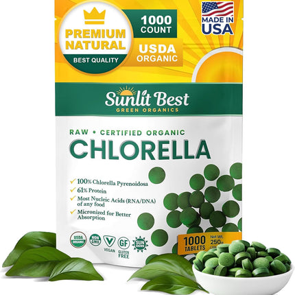 Sunlit Best USDA Organic Premium Chlorella Tablets 1000 Count | 100% Pure Chlorella Superfood Supplement High in Protein, Chlorophyll, Vitamins, & Minerals | Supports Good Health, Wellbeing