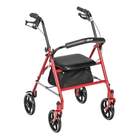 Drive Medical Rollator Walker with Seat - Stable Mobility Support - Height Adjustable - Durable Steel Frame Construction - Smooth 7.5" Wheels - Foldable Frame - 350 Lb Limit - Red