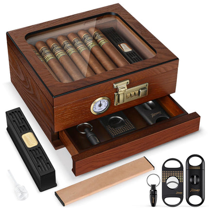Tesonway Cigar Humidor, Cedar Wood Humidor Cigar Box, Glass Top Desktop Humidor with Front Hygrometer, Humidifier, Divider, Accessories Drawer and Combination Lock, Cigar Gifts for Men (Brown)
