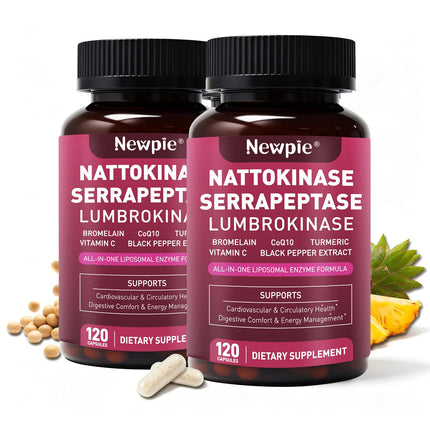 Nattokinase Supplement 12,000 FU - Systemic Enzymes Complex with Serrapeptase, Lumbrokinase & CoQ10 - Supports Cardiovascular Health, Blood Flow & Circulation - 120 Non-GMO Vegetarian Capsules