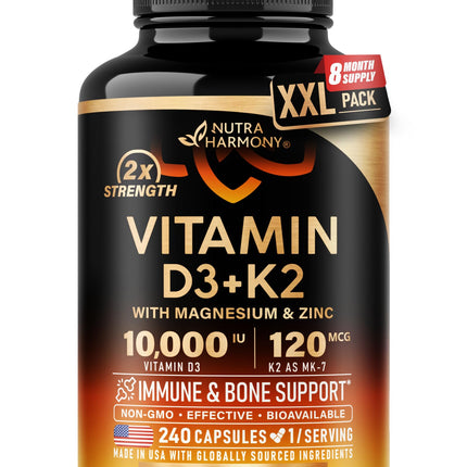 Vitamin D3 K2 - Vitamin D3 10000 iu & K2 as MK-7 120 mcg - Immune & Mood Support, for Bone & Teeth Health - with Magnesium, Zinc & Vitamin C & B12 - Highly Bioavailable - Made in USA, 240 Capsules