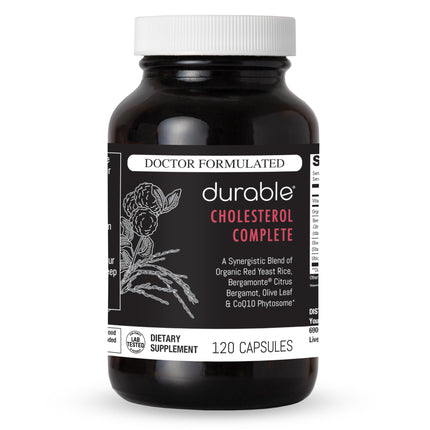 Durable Cholesterol Complete – Organic Red Yeast Rice 1,600 mg + Bergamonte® Citrus Bergamot 1,000 mg + Ubiqsome® CoQ10 + Olive Leaf + Vitamin C – Doctor Formulated, Made in USA (120 Capsules)