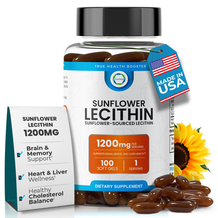 TRUEMED Organic Sunflower Lecithin 1200mg – Soy-Free Lecithin Supplement for Brain, Heart, Nerve & Liver Support, Cognitive Health, Non-GMO – 100 Softgels (Made in USA)