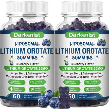 Darkenlst 2 Pack Liposomal 20MG Lithium Orotate Gummies Complex Ashwagandha,Bacopa Herb,Lion's Mane Mushroom, Magnesium Glycinate,Vitamin C,for Mood & Immune Support,Digestive System Support