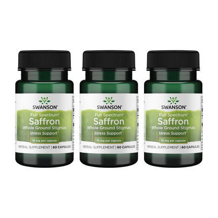 Swanson Full Spectrum Organic Spanish Saffron Mood and Stress Support Supplement for Adults Seeking Natural Relaxation - Whole Ground Stigmas (60 Vegan Capsules, 15 mg, 3 Pack)