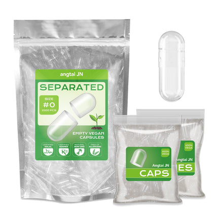 Angtai JN Vegan Size 0 Separated Capsules Empty Pill Caps Plant Based Clear (1,000 Caps+1,000 Bodies) Gluten Free, Non-GMO, Halal Certified Filling Kit for Vegetarian DIY Your Own Supplements