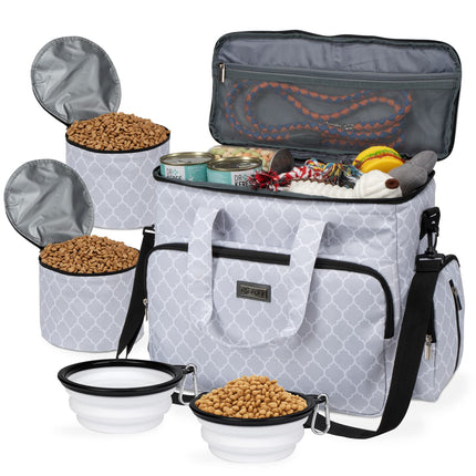 BAGLHER Dog Travel Bag, Pet Travel Bag (ALL Pet Travel Supplies), With 2 Pet Food Containers and 2 Collapsible Silicone Bowls; Essential Kits for Pet Travel DLwhite