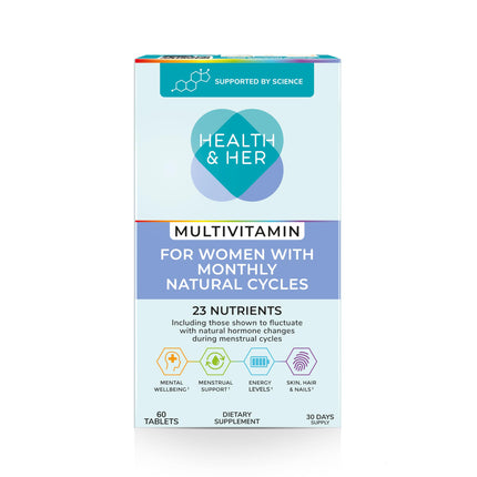 Health & Her Multivitamin for Women with Monthly Natural Cycles - Supplements for Women - Nutrition and Wellbeing Support for Menstrual Cycle - 1 Month Supply, 60 Tablets - Vegan & Gluten Free