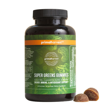 Primal Harvest Super Greens Gummies, Superfood Blend with Adaptogenic Mushrooms Vitamins & Nutrient-Rich Minerals & Antioxidants for Energy & Immune Support 1 Pack 60 Count,