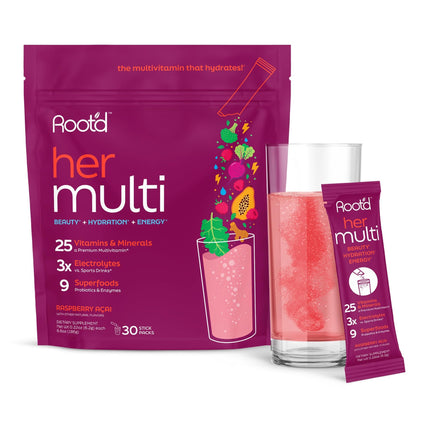 Root'd Multivitamin Powder for Women - 25 Vitamins & Minerals with 3X Electrolytes, 9 Organic Superfoods, Probiotics & Enzymes, Sugar-Free Multivitamin & Hydration | 30 Vitamin Drink Mix Packets