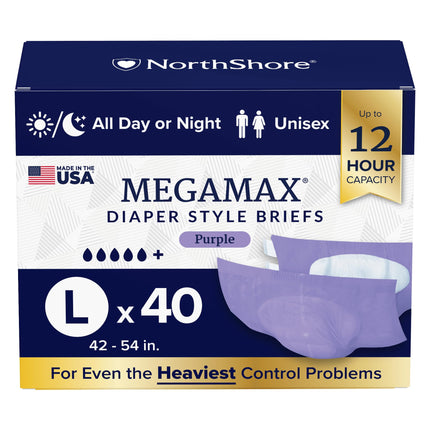 NorthShore MegaMax Made in USA 12-Hour HBL Adult Diapers for Heavy Bladder Leaks, Large, 40 Count, Purple, 42-54 inches, Tab-Style Incontinence Underwear for Men, Women & Teens