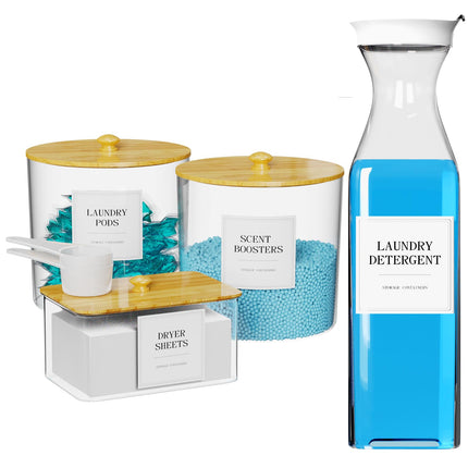 3+1 Pack Laundry Pods Containers & Dryer Sheet Holder & Laundry Detergent Dispenser, Laundry Room Organization and Storage Jars with Lids, Labels and Scoops for Scent Booster, Powder, Pods