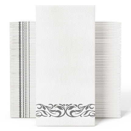 JOLLY CHEF 100 Disposable Hand Towels, Soft and Absorbent Linen Feel Dinner Napkin, Elegant Decorative Paper Guest Towels for Kitchen, Bathroom, Weddings, Parties, Silver and White
