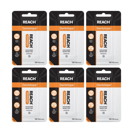 REACH Dentotape Waxed Dental Floss Tape, Unflavored, Extra Wide Floss, Shred & Frey Resistant, Plaque Remover for Teeth, Easy on Gums & Teeth, Oral Care, PFAS Free, for Adults & Kids, 6 Pack, 100 yd