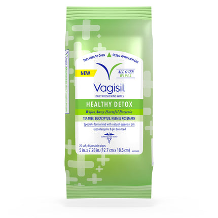 Vagisil Wipes for All Over Cleaning, Health Detox, Formulated with Essential Oils, 20 Wipes in a Re-Sealable Pouch (Pack of 1)