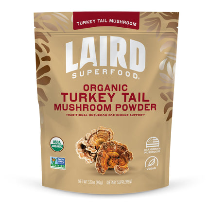 Laird Superfood Organic Turkey Tail Mushroom Powder for Immune Support, 3.17 oz. Bag, Pack of 1