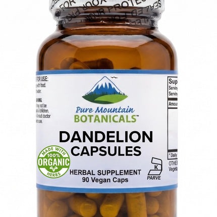 Pure Mountain Botanicals Dandelion Root Capsules - 450mg Organic Supplement - 90 Kosher Vegan Non-GMO Dandelion Pills