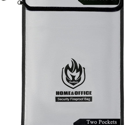 Upgraded Two Pockets Fireproof Document Bag (2000℉), andyer 15”x 11”Waterproof Fireproof Money Bag for Cash with Zipper, Important Document Storage Organizer for Valuables, Legal Documents Safe